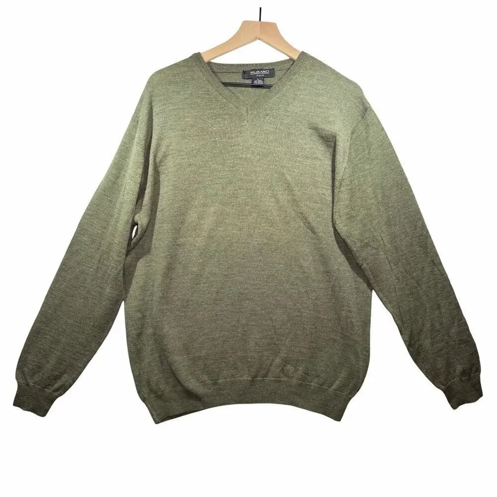 Murano Modern Performance V Neck Pullover Sweater Olive Men's Size L